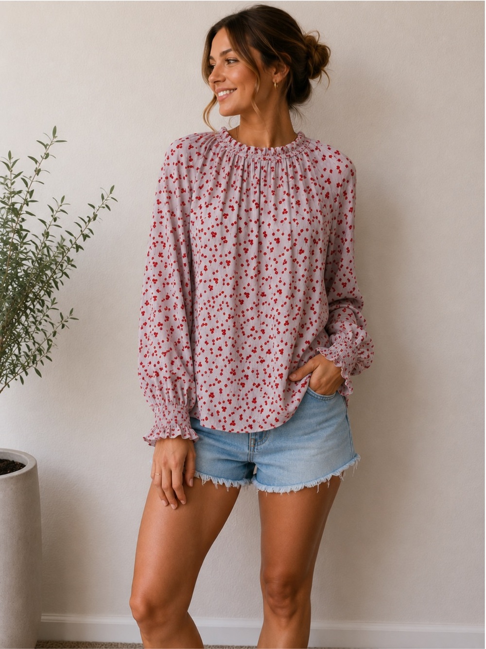 Boden Sadie Silk Top Pink Floral Long Sleeve Size 16